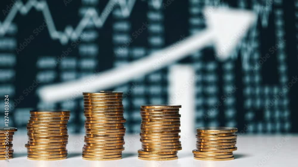 Poster golden coins form growing stacks, symbolizing increasing profits, against a backdrop of a rising arr