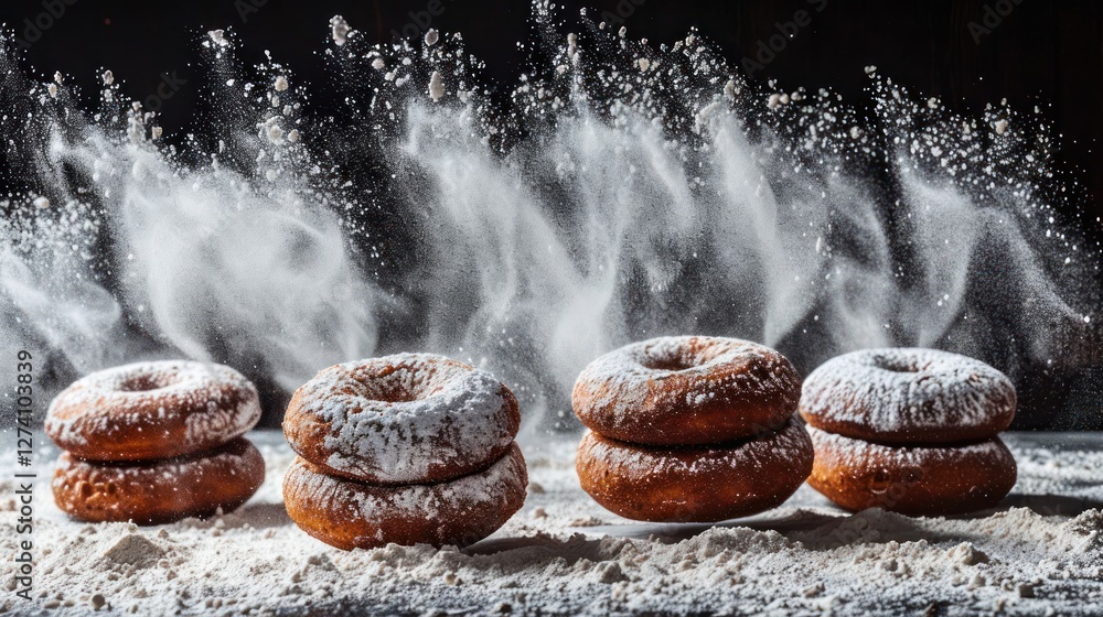 Poster a close-up of powdered donuts with flour dust creating a dynamic, appetizing scene.
