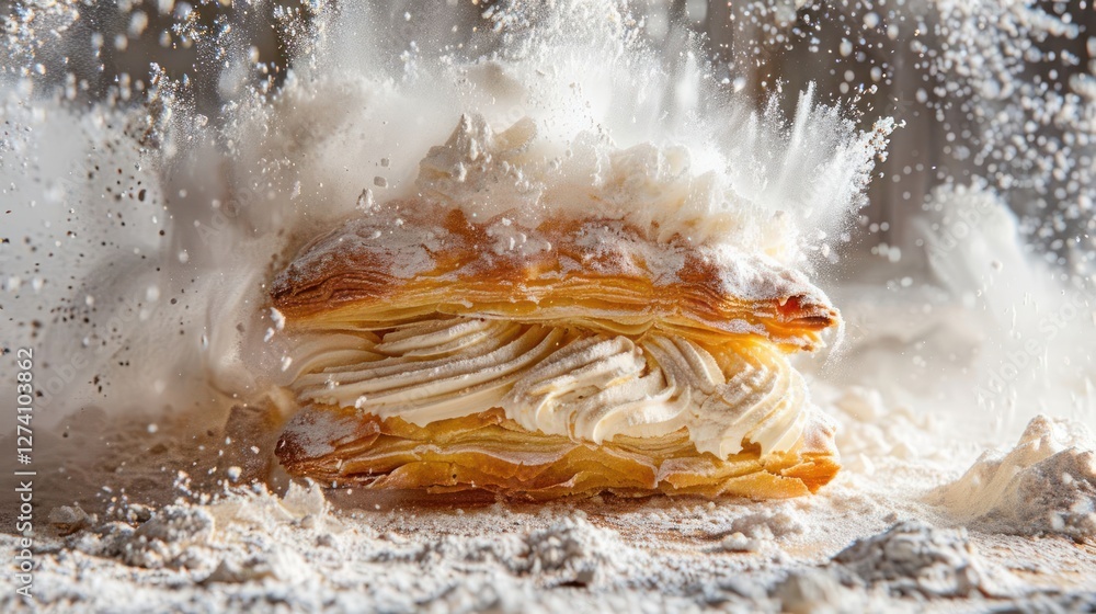 Poster a pastry explosion with cream filling and powdered sugar creating a dynamic visual effect.