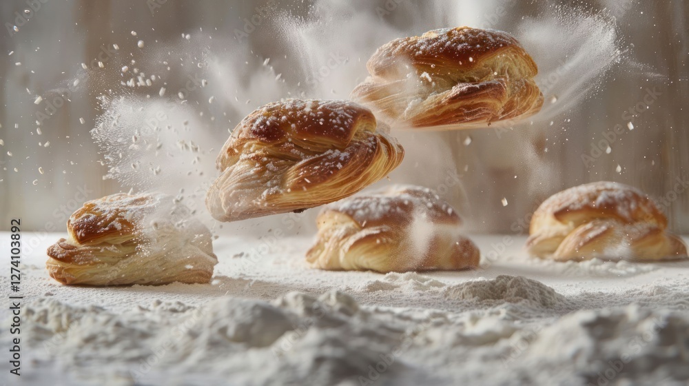 Poster flaky pastries floating in flour, creating a dynamic and appetizing scene.