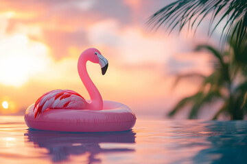 Fototapeta premium Inflatable Flamingo Floating on Pool Water at Colorful Tropical Sunset