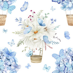 Floral seamless pattern. Watercolor baby print with  hot air balloon,  blue butterflies, gold circle. Hand drawn cute  illustration on white background © natikka