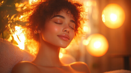 Fototapeta premium woman enjoying moment of self care with serene expression