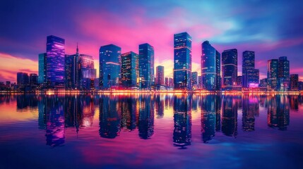 Obraz premium Stunning City Skyline Reflection at Dusk with Colorful Lights