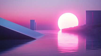 Pink sunset over calm water, geometric shapes, digital art