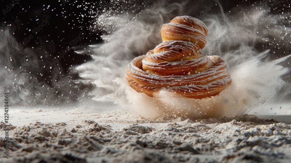 Poster a close-up of a pastry dusted with flour, capturing a dynamic and artistic presentation.