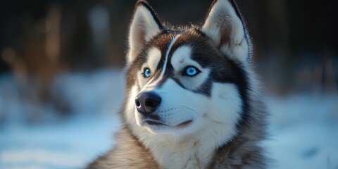 Siberian husky with striking blue eyes poses in a snowy landscape during a bright winter day