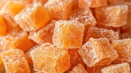 A close-up of sugary orange cubes, resembling fruit jelly or candy.