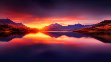 A breathtaking sunset over a tranquil lake, surrounded by majestic mountains