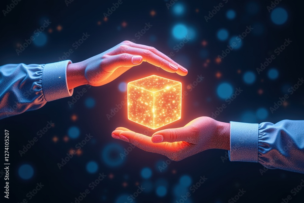 Aufkleber an enigmatic encounter: two hands cradling a glowing cube amidst a mystical network of lights in a d