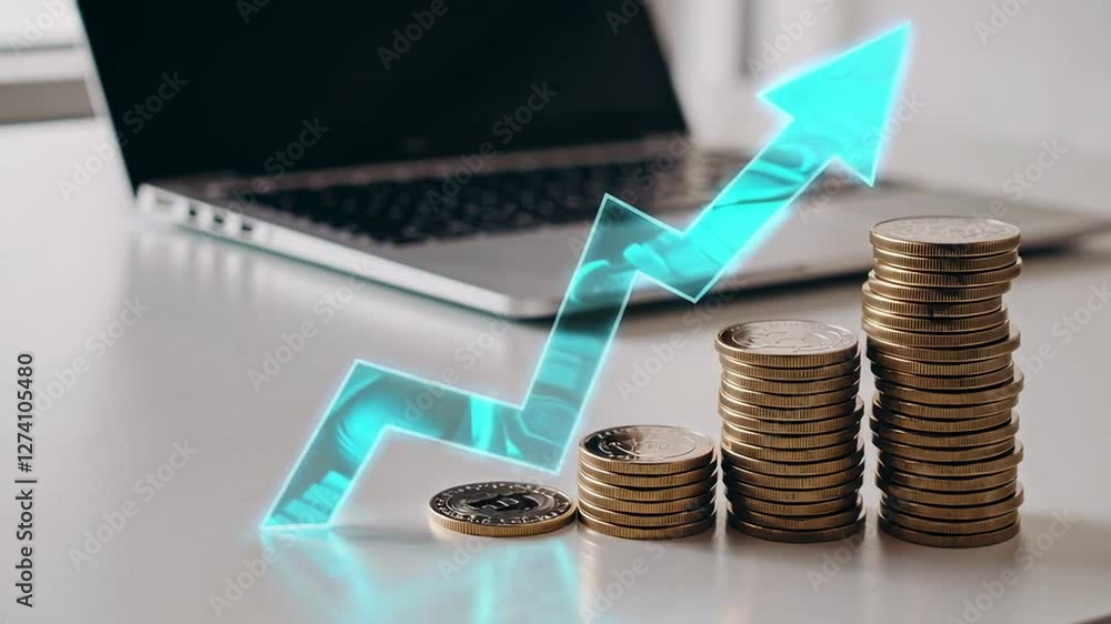 Poster golden coins stacked in increasing heights symbolize growing profits, accompanied by a glowing blue 