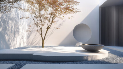 serene outdoor space featuring minimalist design with tree, stone bowl, and smooth surfaces. soft light creates tranquil atmosphere, perfect for relaxation