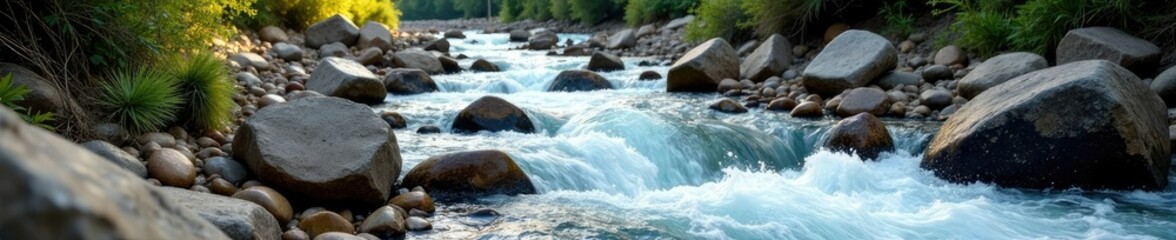 Debris filled rapid with pebbles and boulders, rapid stream, rock debris