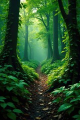 Fototapeta premium Dark forest ground with tangled vines and green leaves, foliage, plants