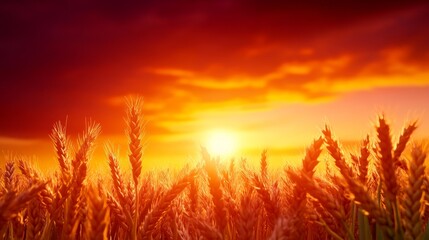 Golden Wheat Field Sunset - Vibrant sunset over a field of ripe golden wheat, showcasing the beauty of nature's harvest