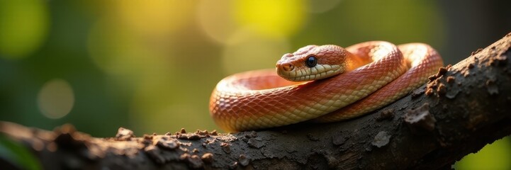 Brown snake curled around thick limb, sunlit scales , background, fauna