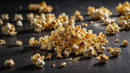 Popcorn scattered on a wooden table