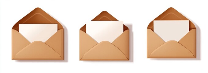 Three kraft envelopes, blank notecards, white background, mail concept