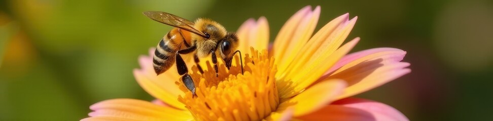 Obraz premium Close-up of honeybee collecting pollen from flower, pollination, insect