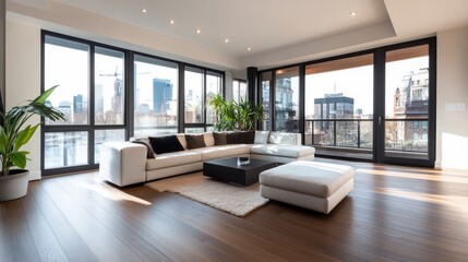 Fototapeta premium Modern living room with panoramic city views and contemporary décor