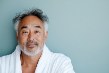 Fototapeta premium minimalistic portrait of Asian man 60 years old in white bathrobe on light background, copy space, wellness, rest