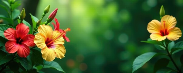 Colorful hibiscus blooms in a lush green background, tropical plants, green foliage
