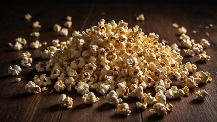 Popcorn scattered on a wooden table