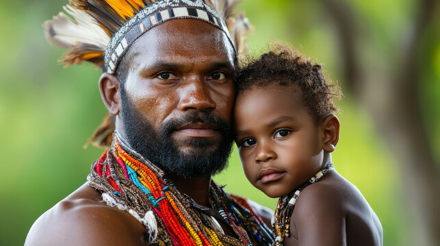 Goroka Tribal Father and Child Portrait - A tender moment captured, symbolizing heritage, family, love, tradition, and cultural pride. A black man and child