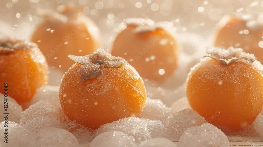 Aufkleber fresh oranges dusted with sugar on a soft white surface, creating a dreamy atmosphere.