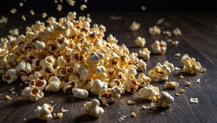 Popcorn scattered on a wooden table