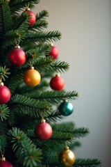 Christmas fir tree with colorful ornaments on the branch, garland, christmas