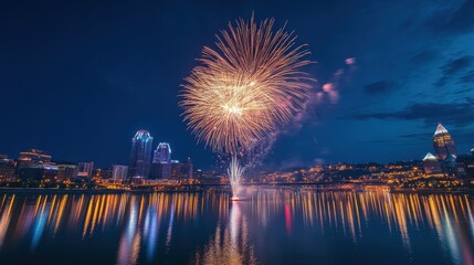 Fototapeta premium Festive Fireworks Display Over City Skyline at Night