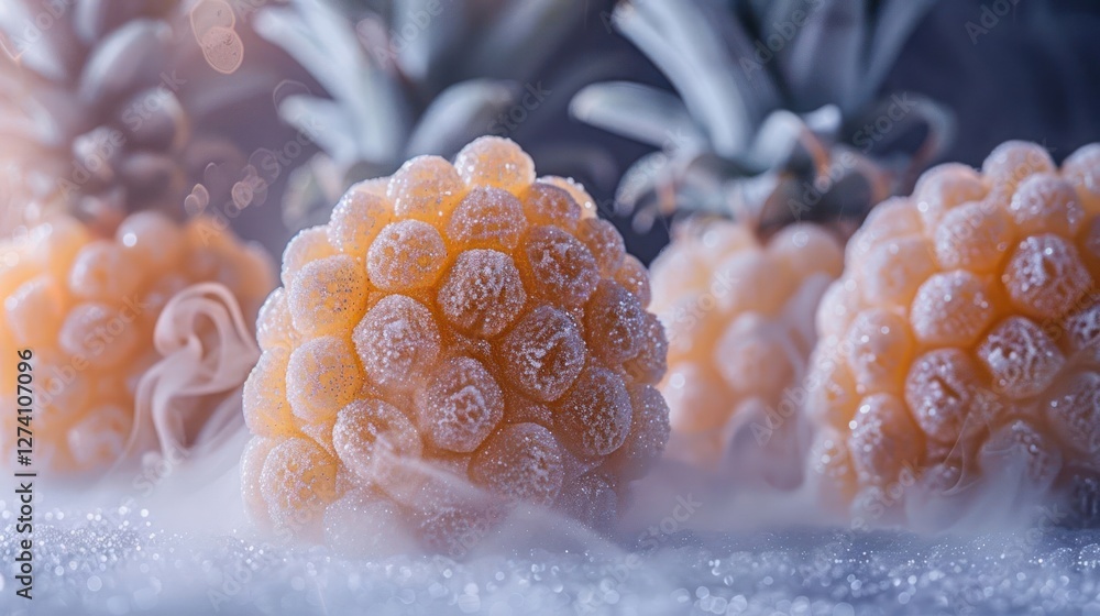 Poster a close-up of frosted pineapples, creating a whimsical and refreshing atmosphere.