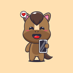 horse mascot cartoon character vector illustration with mobile phone