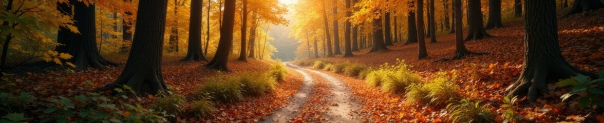 A winding path leads through a tapestry of fall colors, sunlit forest floor, forest trail,