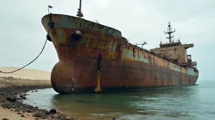 Fototapete Rund Abandoned Rusted Cargo Ship Partially Submerged in Shallow Waters Near a Deserted Coastline © Yurii