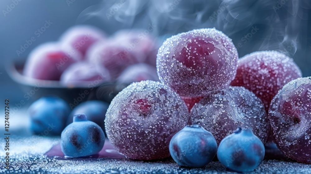 Poster frosted grapes and blueberries on a cool surface, creating a refreshing visual appeal.