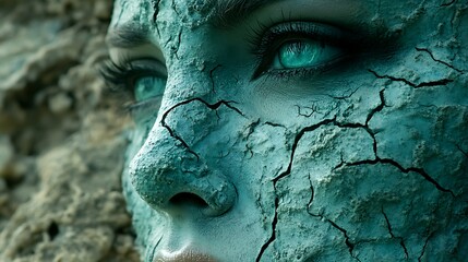 Cracked face, stone wall, fantasy, close-up