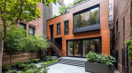 Fototapeta premium Modern urban brick house with large windows and lush greenery in a city setting