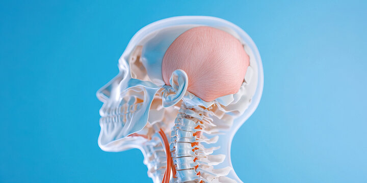 Human Head and Neck Anatomy: Skull, Cervical Vertebrae, and Brain Rendering