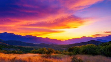 Obraz premium A breathtaking sunset over rolling mountains, painted in vibrant hues of orange, pink, and purple
