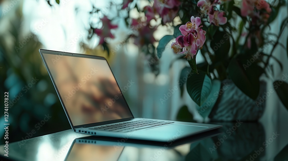 Poster a laptop on a modern table, with no screen visible, complemented by a blurred background of elegant 