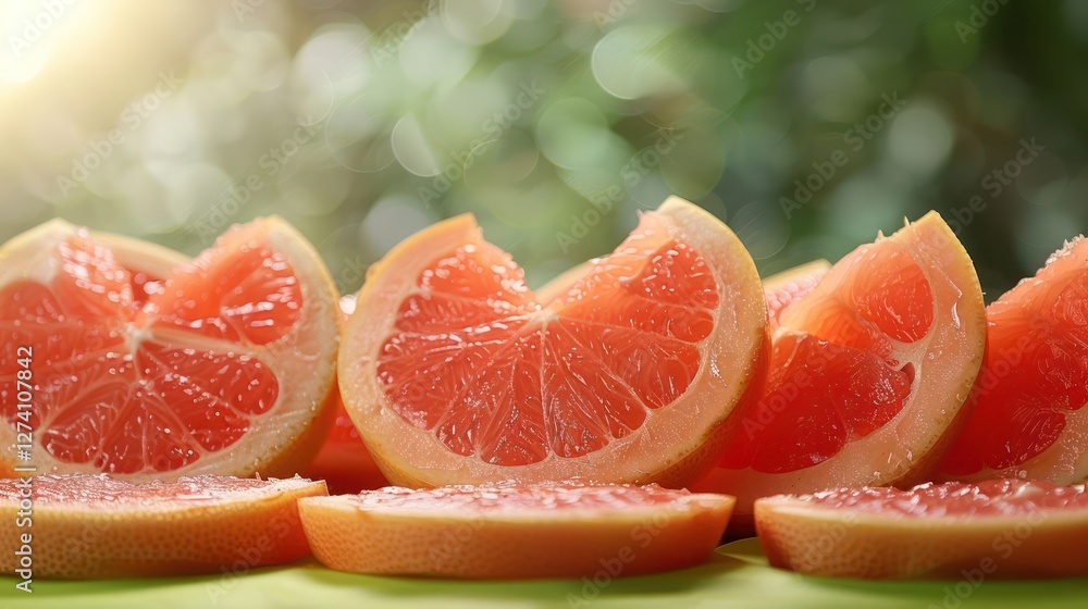 Poster freshly sliced grapefruit arranged artistically with a soft background.