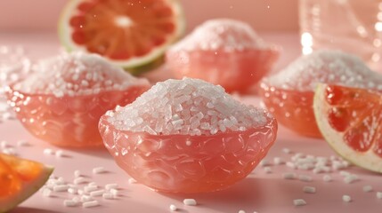 Fototapeta premium A close-up of pink gelatin bowls filled with sugar and garnished with citrus slices.