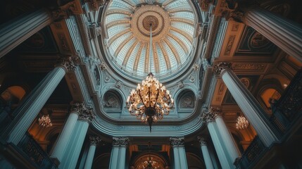 a lavish interior, with a high dome ceiling and a stunning chandelier hanging delicately below