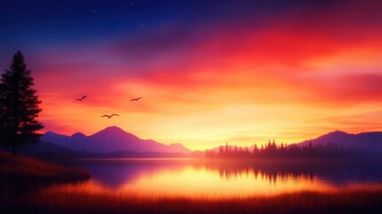 A stunning sunset over a tranquil lake, with vibrant colors reflecting on the water
