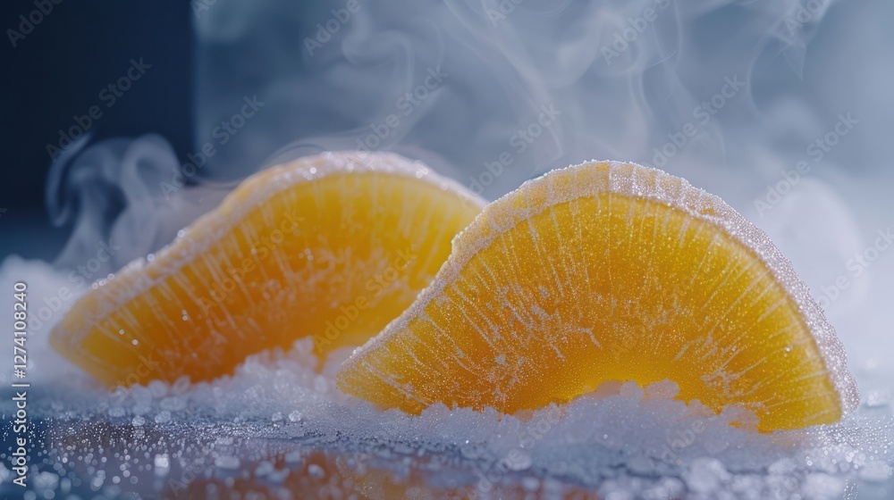 Poster two frozen orange slices surrounded by mist and ice, creating a refreshing visual appeal.