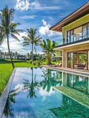 Fototapeta premium Luxury villa with infinity pool reflecting the sky and lush rice paddy fields. Modern architecture, beige walls, glass doors, and palm trees surround the property. Bright, sunny day with clear blue