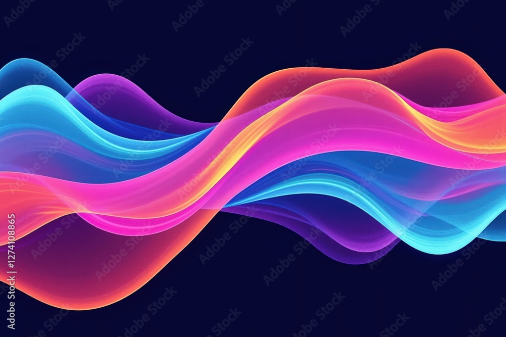 Poster vibrant abstract wave patterns in pink and blue against a dark background creating a fluid visual ex