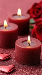 Romantic red candles and roses create a warm and intimate atmosphere.